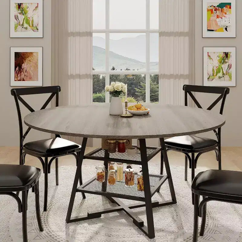 Acekool Table à manger ronde 119 cm avec étagère de rangement, Table de cuisine avec base en métal pour 4-6 personnes
