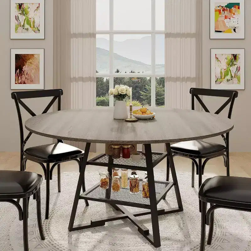 Acekool Table à manger ronde 119 cm avec étagère de rangement, Table de cuisine avec base en métal pour 4-6 personnes