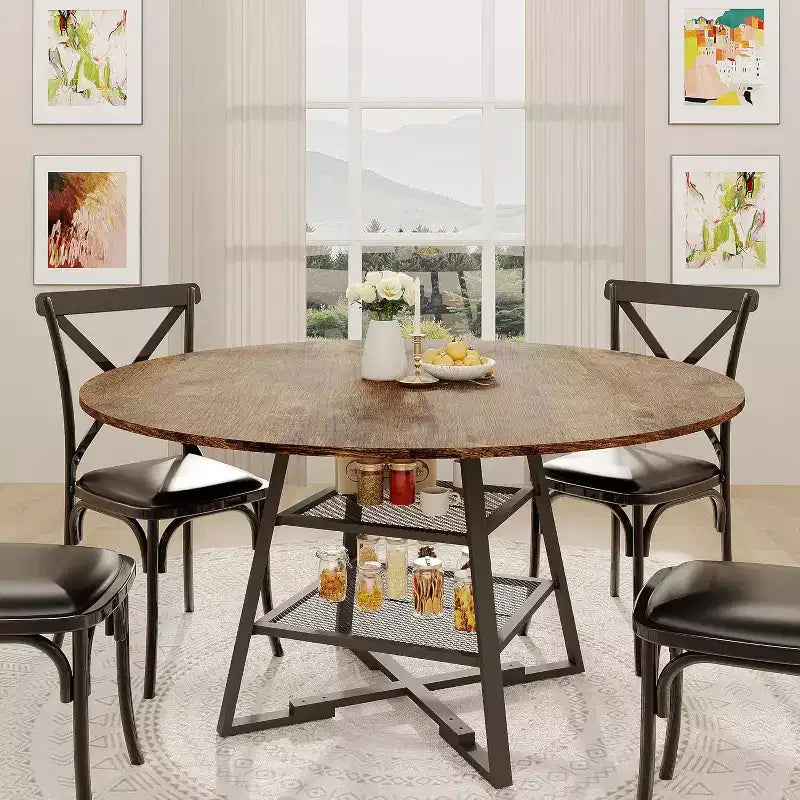 Acekool Table à manger ronde 119 cm avec étagère de rangement, Table de cuisine avec base en métal pour 4-6 personnes
