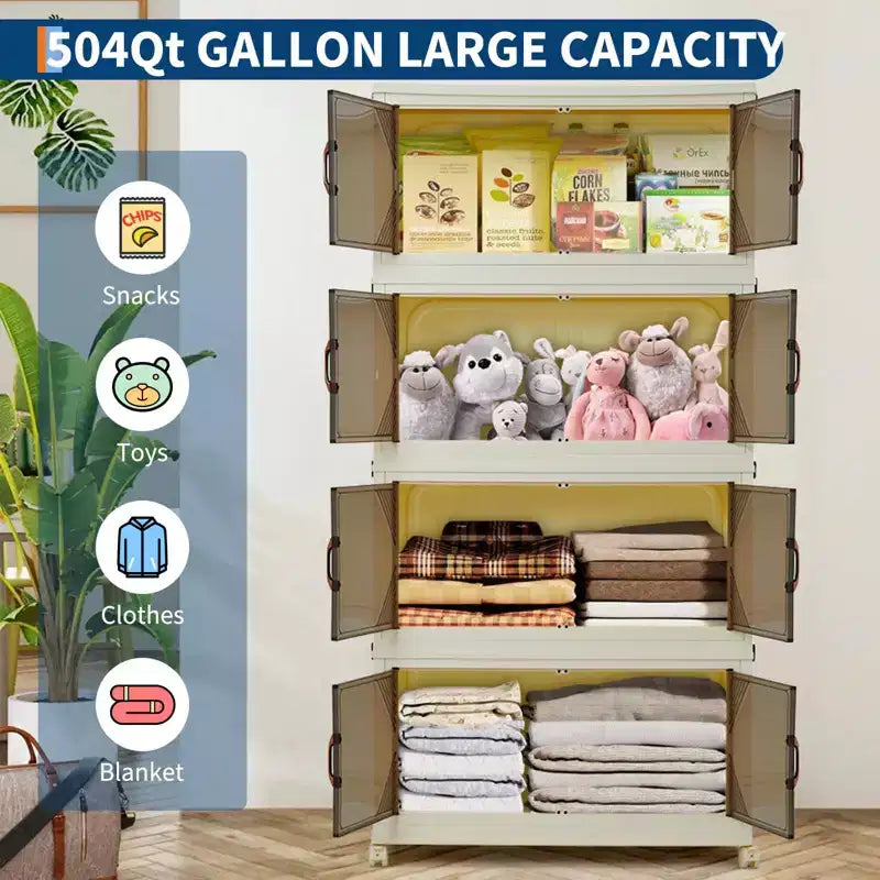 Bacs de rangement empilables avec couvercles, tiroirs de rangement en plastique avec portes magnétiques et roulettes, organisateurs de placard pliables et escamotables, pour la maison et le dortoir