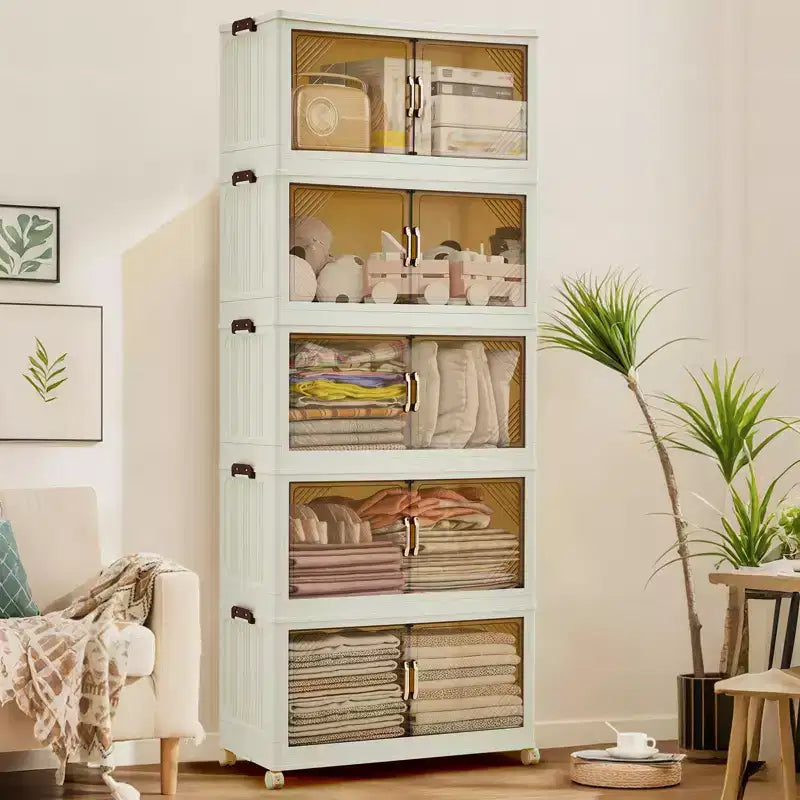 Stackable Storage Bins with Lids, Plastic Storage Drawers with Magnetic Doors and Wheels, Foldable Collapsible Closet Organizers, for Home, Dorm