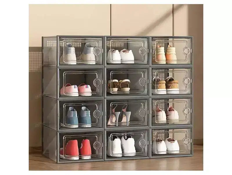 Organisateur de chaussures 12 PCS, Organisateur de chaussures empilable en plastique transparent pour placard, Boîte à chaussures empilable en plastique transparent pour entrée, Pliable et peu encombrant