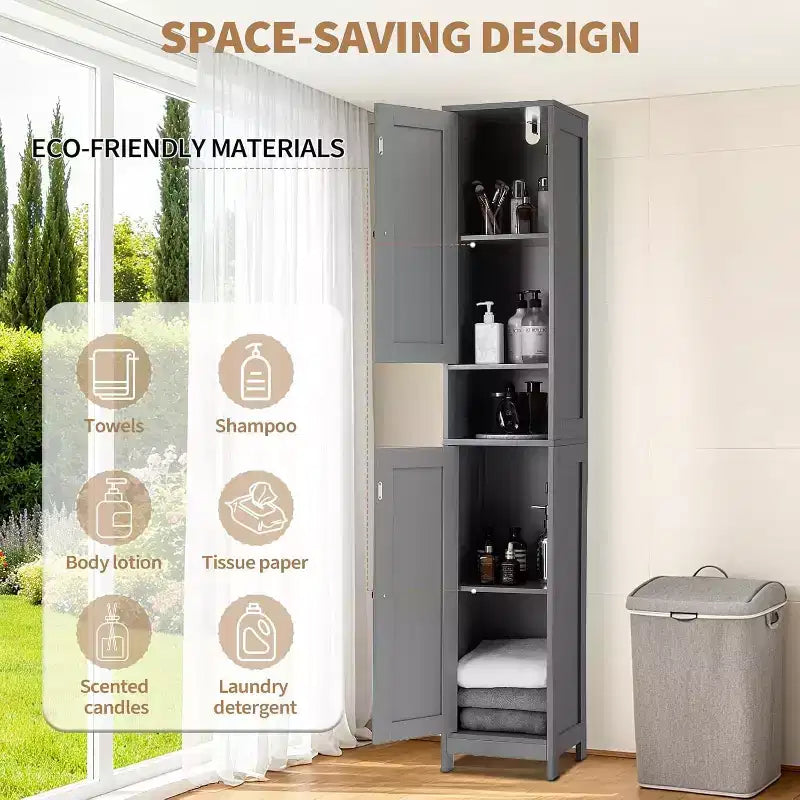 Meuble de Rangement Haut et Étroit pour Salle de Bain avec Placard à 3 Portes, Étagères Réglables, Étagère Ouverte, Poignées et Charnières en Métal