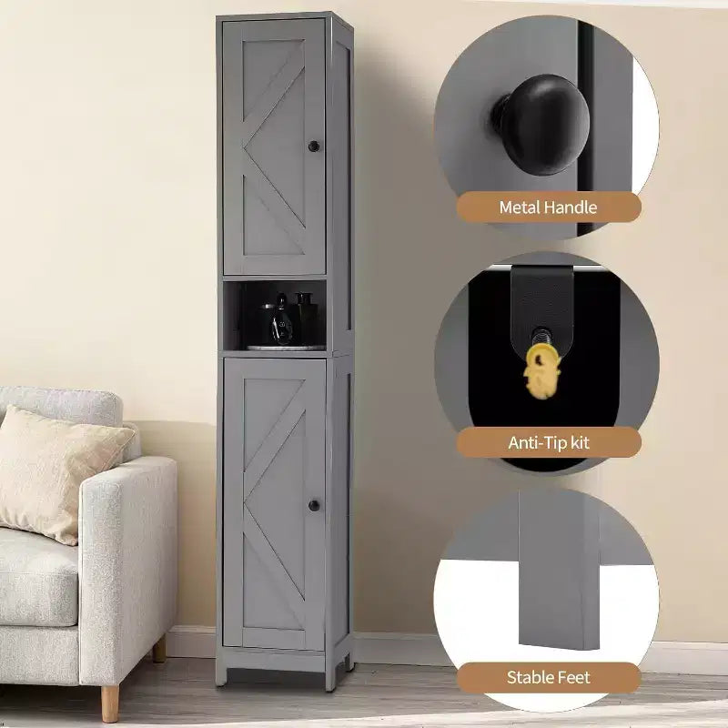 Meuble de Rangement Haut et Étroit pour Salle de Bain avec Placard à 3 Portes, Étagères Réglables, Étagère Ouverte, Poignées et Charnières en Métal