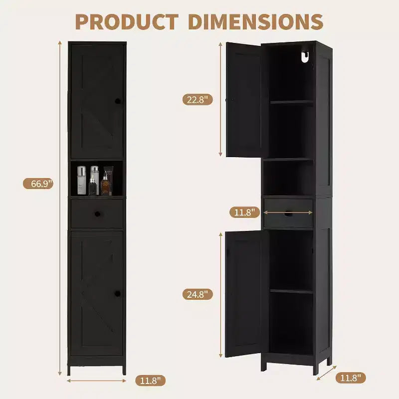 Meuble de Rangement Haut et Étroit pour Salle de Bain avec Placard à 3 Portes, Étagères Réglables, Étagère Ouverte, Poignées et Charnières en Métal