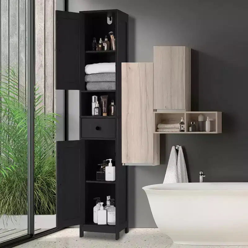 Meuble de Rangement Haut et Étroit pour Salle de Bain avec Placard à 3 Portes, Étagères Réglables, Étagère Ouverte, Poignées et Charnières en Métal