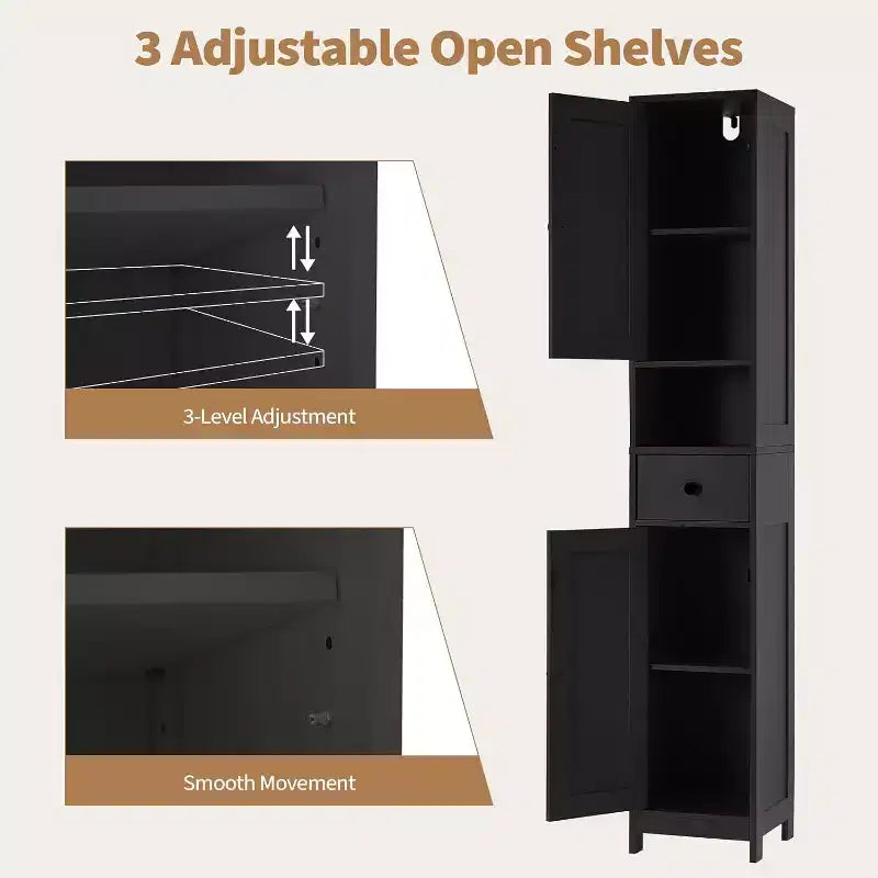 Meuble de Rangement Haut et Étroit pour Salle de Bain avec Placard à 3 Portes, Étagères Réglables, Étagère Ouverte, Poignées et Charnières en Métal