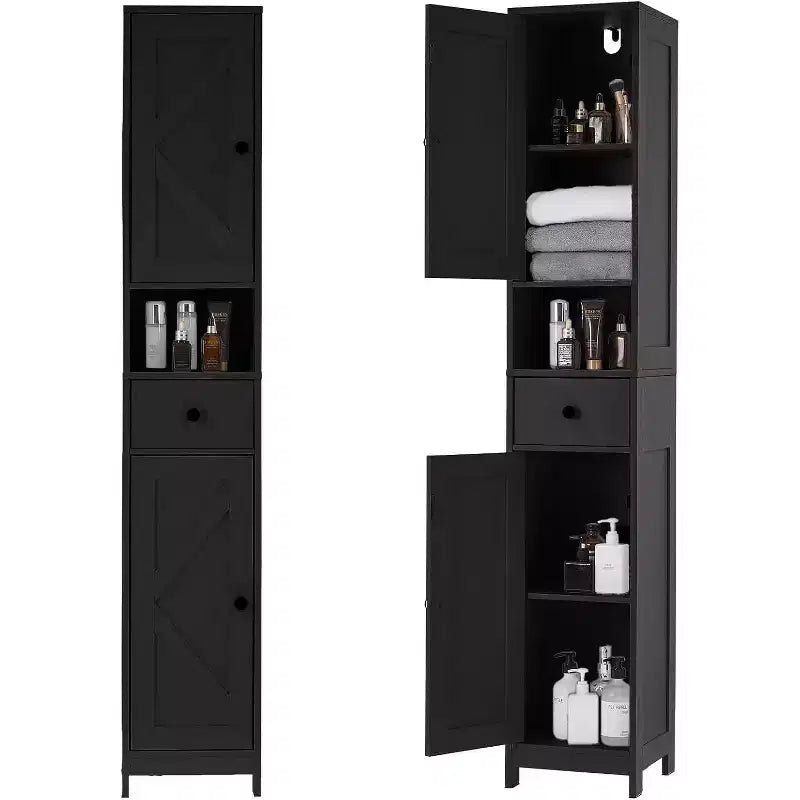 Meuble de Rangement Haut et Étroit pour Salle de Bain avec Placard à 3 Portes, Étagères Réglables, Étagère Ouverte, Poignées et Charnières en Métal