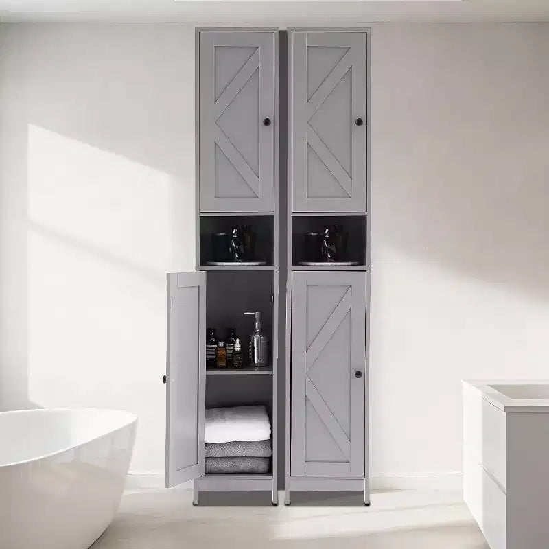 Meuble de Rangement Haut et Étroit pour Salle de Bain avec Placard à 3 Portes, Étagères Réglables, Étagère Ouverte, Poignées et Charnières en Métal