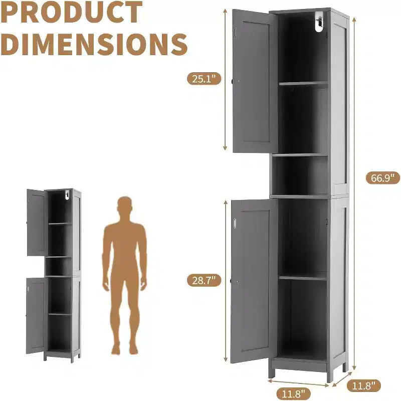 Meuble de Rangement Haut et Étroit pour Salle de Bain avec Placard à 3 Portes, Étagères Réglables, Étagère Ouverte, Poignées et Charnières en Métal
