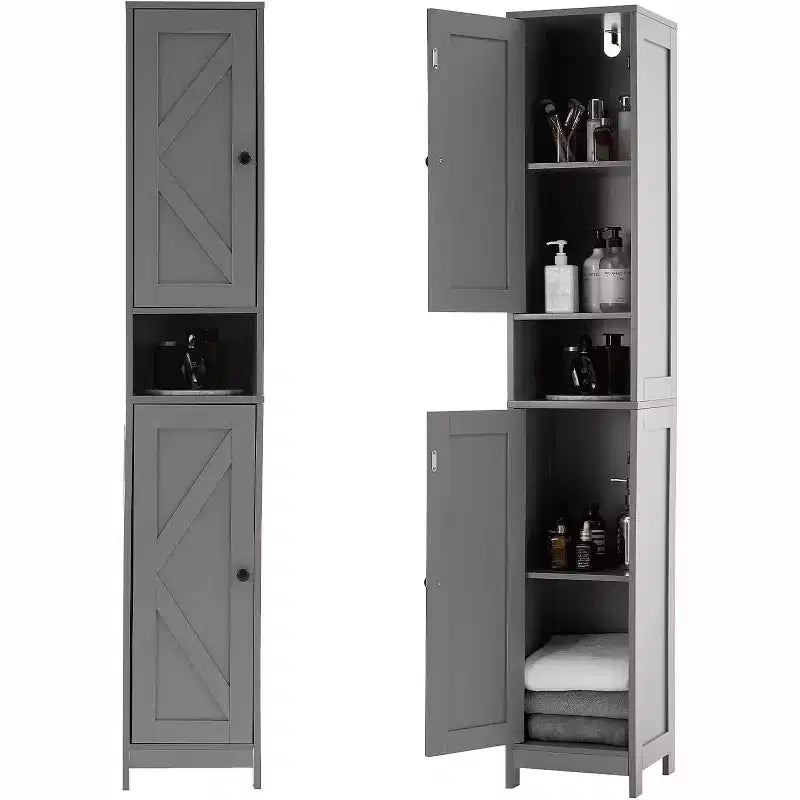 Meuble de Rangement Haut et Étroit pour Salle de Bain avec Placard à 3 Portes, Étagères Réglables, Étagère Ouverte, Poignées et Charnières en Métal