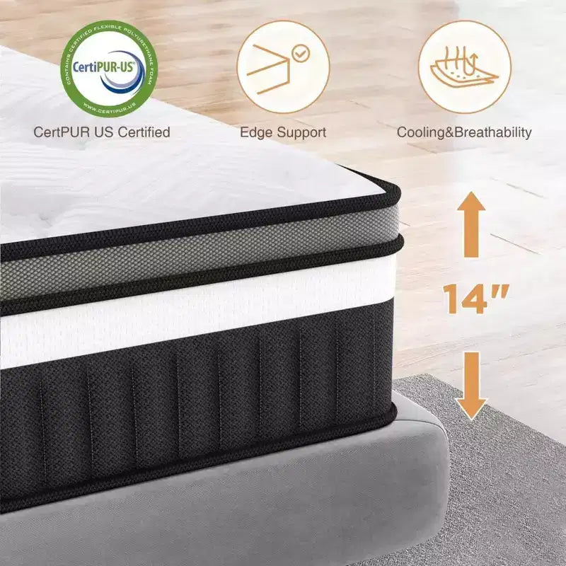 Matelas hybride 14 pouces King en boîte avec mousse à mémoire de forme au gel, fermeté moyenne, soulagement de la pression, anti-sensibilité, certifié CertiPUR-US