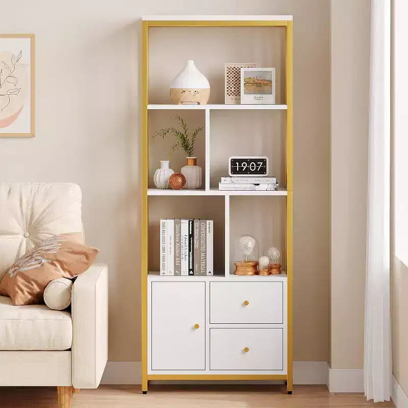 62 Gold Bookshelf w/ 3 Drawers & Door, 4-Tier White Gold Bookcase with Metal Frame, Floor Standing Display Storage Cabinet for Office Living Room