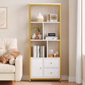62 Gold Bookshelf w/ 3 Drawers & Door, 4-Tier White Gold Bookcase with Metal Frame, Floor Standing Display Storage Cabinet for Office Living Room
