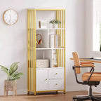 Étagère à livres dorée de 62 po avec 3 tiroirs et une porte, bibliothèque blanche et dorée à 4 niveaux avec cadre en métal, meuble de rangement sur pied pour bureau et salon