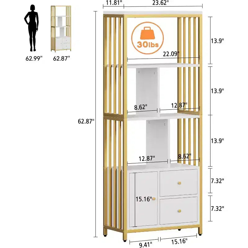 Étagère à livres dorée de 62 po avec 3 tiroirs et une porte, bibliothèque blanche et dorée à 4 niveaux avec cadre en métal, meuble de rangement sur pied pour bureau et salon