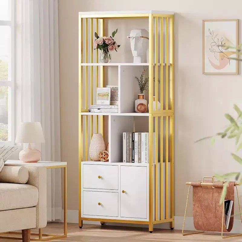 Étagère à livres dorée de 62 po avec 3 tiroirs et une porte, bibliothèque blanche et dorée à 4 niveaux avec cadre en métal, meuble de rangement sur pied pour bureau et salon