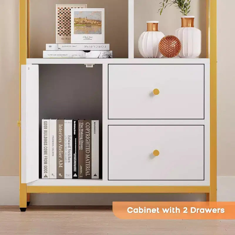 Étagère à livres dorée de 62 po avec 3 tiroirs et une porte, bibliothèque blanche et dorée à 4 niveaux avec cadre en métal, meuble de rangement sur pied pour bureau et salon