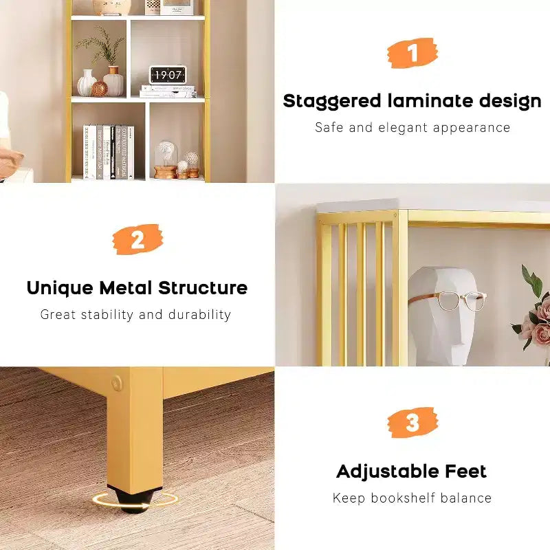 Étagère à livres dorée de 62 po avec 3 tiroirs et une porte, bibliothèque blanche et dorée à 4 niveaux avec cadre en métal, meuble de rangement sur pied pour bureau et salon