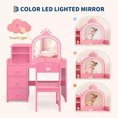 Coiffeuse 2 en 1 pour enfant avec lumières, table de maquillage de princesse rose et bureau d'écriture, coiffeuse en bois pour tout-petits avec tabouret, tiroirs, bureau de jeu convertible pour filles