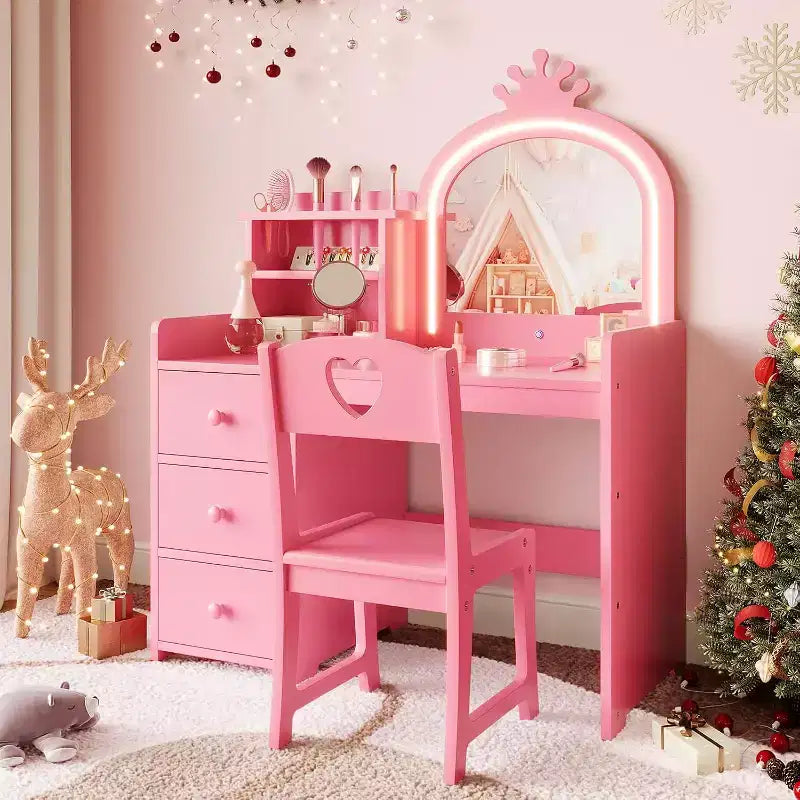 Coiffeuse 2 en 1 pour enfant avec lumières, table de maquillage de princesse rose et bureau d'écriture, coiffeuse en bois pour tout-petits avec tabouret, tiroirs, bureau de jeu convertible pour filles