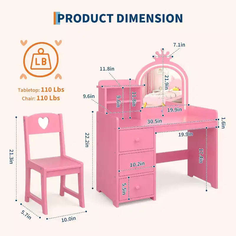 Coiffeuse 2 en 1 pour enfant avec lumières, table de maquillage de princesse rose et bureau d'écriture, coiffeuse en bois pour tout-petits avec tabouret, tiroirs, bureau de jeu convertible pour filles