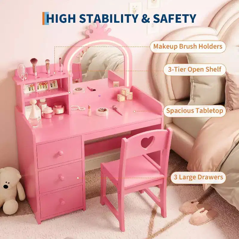 Coiffeuse 2 en 1 pour enfant avec lumières, table de maquillage de princesse rose et bureau d'écriture, coiffeuse en bois pour tout-petits avec tabouret, tiroirs, bureau de jeu convertible pour filles
