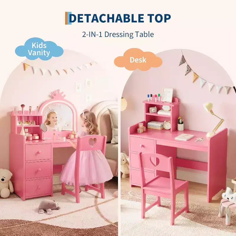 Coiffeuse 2 en 1 pour enfant avec lumières, table de maquillage de princesse rose et bureau d'écriture, coiffeuse en bois pour tout-petits avec tabouret, tiroirs, bureau de jeu convertible pour filles