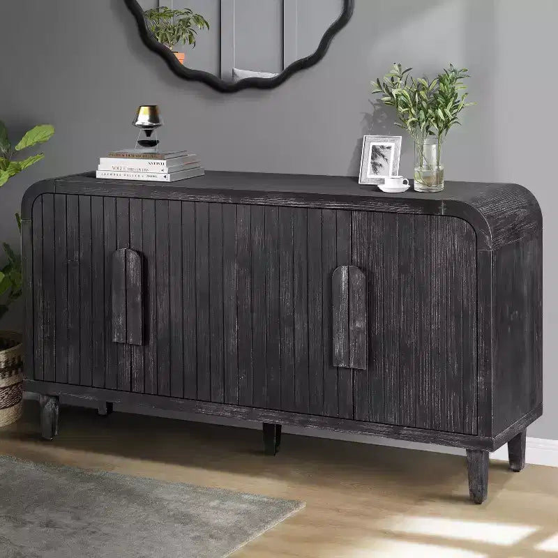 Buffet de rangement vintage incurvé Farmhouse 59 avec grandes poignées en bois, gravure de grain de bois vertical et étagères réglables
