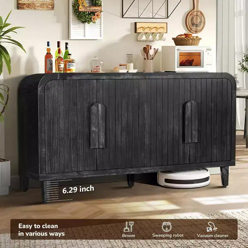 Buffet de rangement vintage incurvé Farmhouse 59 avec grandes poignées en bois, gravure de grain de bois vertical et étagères réglables