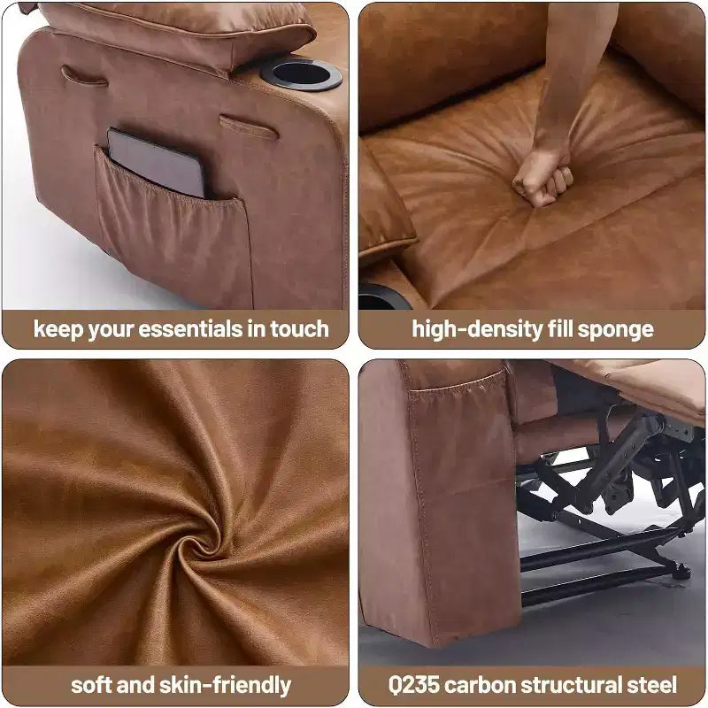 Fauteuil inclinable manuel extra-large en cuir véritable PU, adapté aux massages et aux compresses chaudes, avec 2 porte-gobelets et des poches, adapté aux adultes