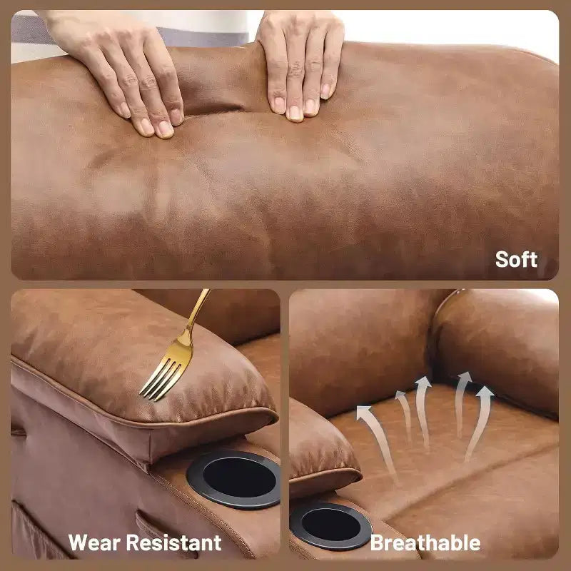 Fauteuil inclinable manuel extra-large en cuir véritable PU, adapté aux massages et aux compresses chaudes, avec 2 porte-gobelets et des poches, adapté aux adultes