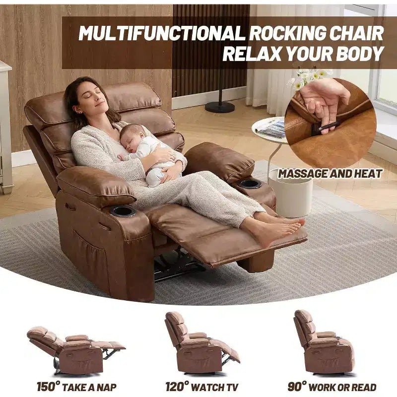 Fauteuil inclinable manuel extra-large en cuir véritable PU, adapté aux massages et aux compresses chaudes, avec 2 porte-gobelets et des poches, adapté aux adultes