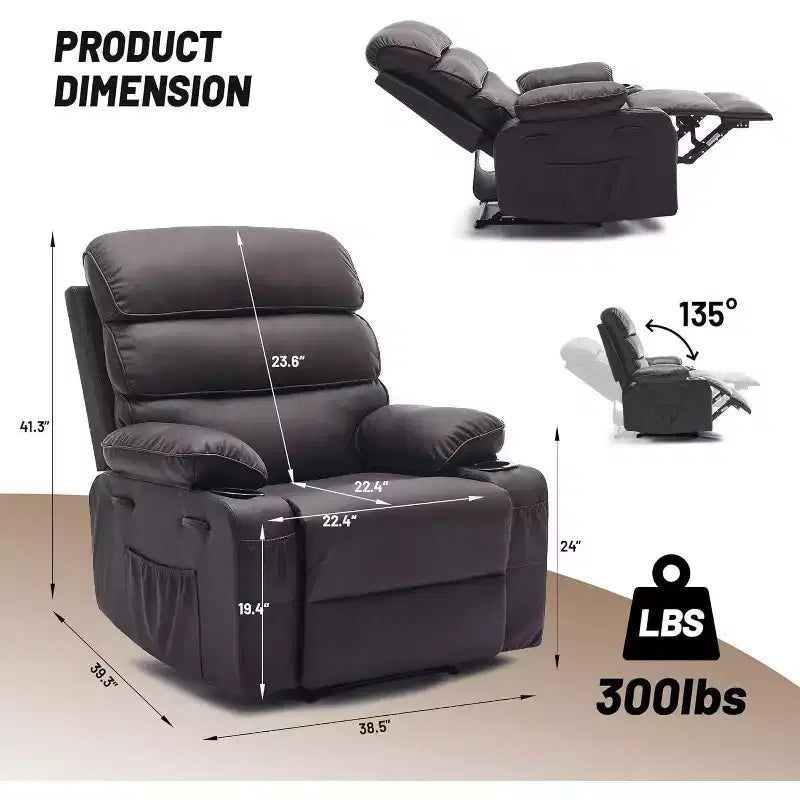 Fauteuil inclinable manuel extra-large en cuir véritable PU, adapté aux massages et aux compresses chaudes, avec 2 porte-gobelets et des poches, adapté aux adultes