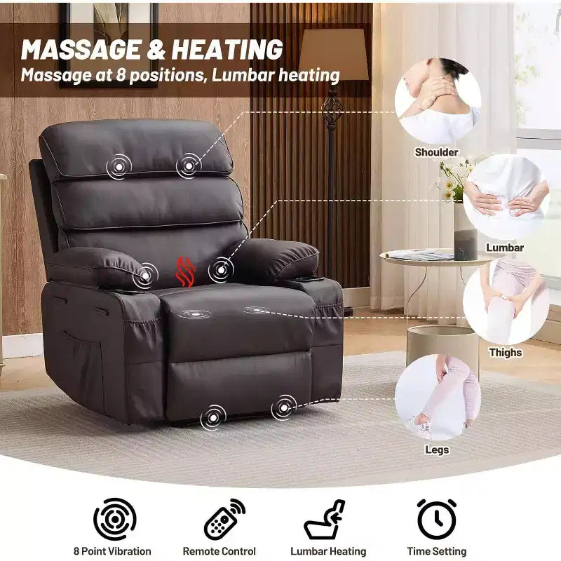 Fauteuil inclinable manuel extra-large en cuir véritable PU, adapté aux massages et aux compresses chaudes, avec 2 porte-gobelets et des poches, adapté aux adultes