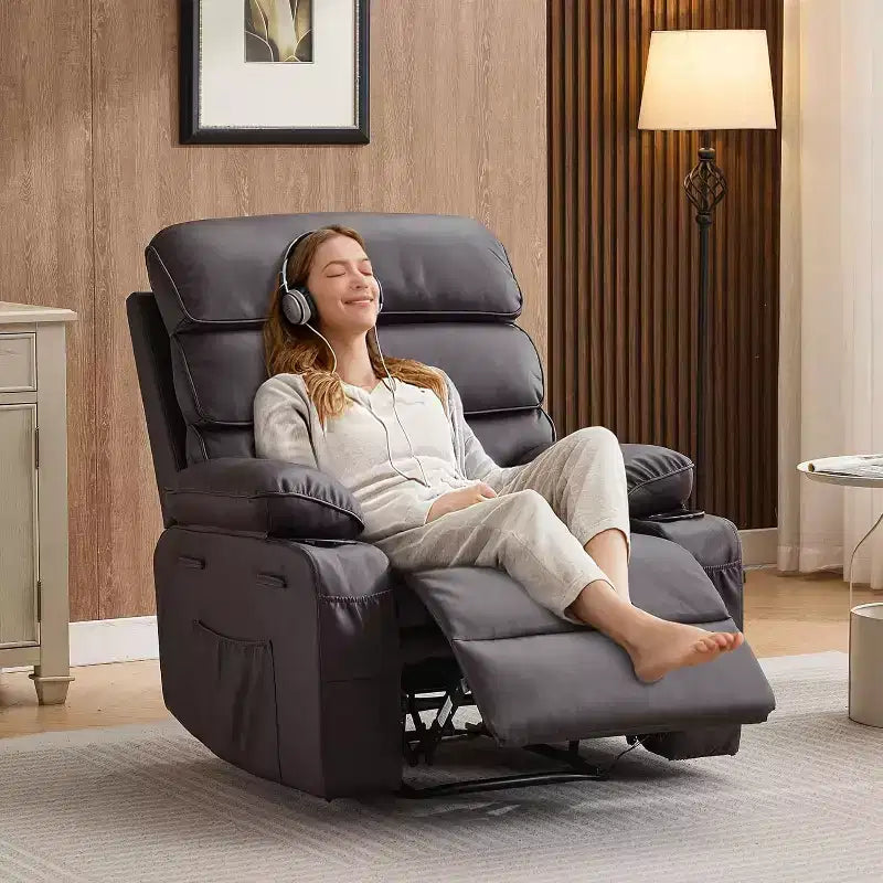 Fauteuil inclinable manuel extra-large en cuir véritable PU, adapté aux massages et aux compresses chaudes, avec 2 porte-gobelets et des poches, adapté aux adultes