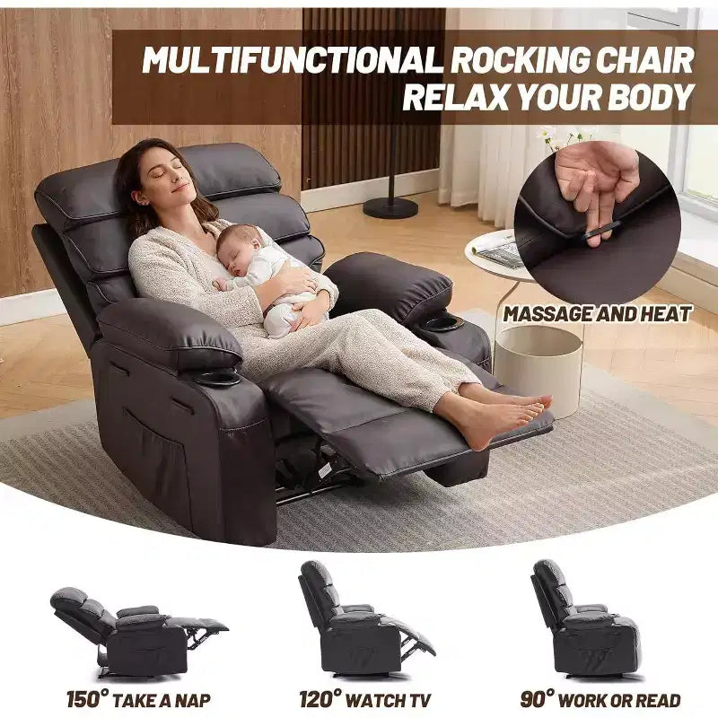 Fauteuil inclinable manuel extra-large en cuir véritable PU, adapté aux massages et aux compresses chaudes, avec 2 porte-gobelets et des poches, adapté aux adultes