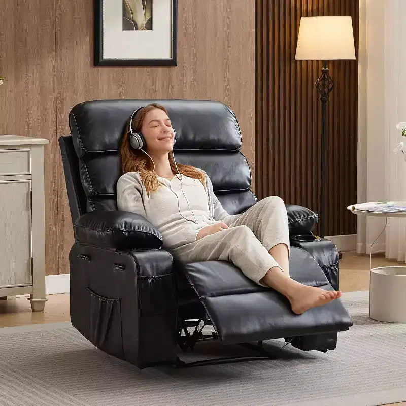 Fauteuil inclinable manuel extra-large en cuir véritable PU, adapté aux massages et aux compresses chaudes, avec 2 porte-gobelets et des poches, adapté aux adultes