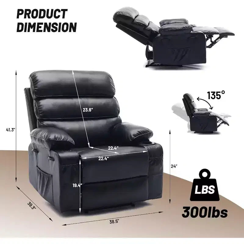 Fauteuil inclinable manuel extra-large en cuir véritable PU, adapté aux massages et aux compresses chaudes, avec 2 porte-gobelets et des poches, adapté aux adultes