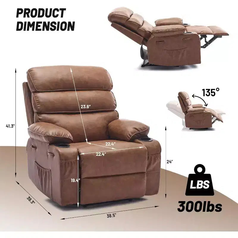 Fauteuil inclinable manuel extra-large en cuir véritable PU, adapté aux massages et aux compresses chaudes, avec 2 porte-gobelets et des poches, adapté aux adultes