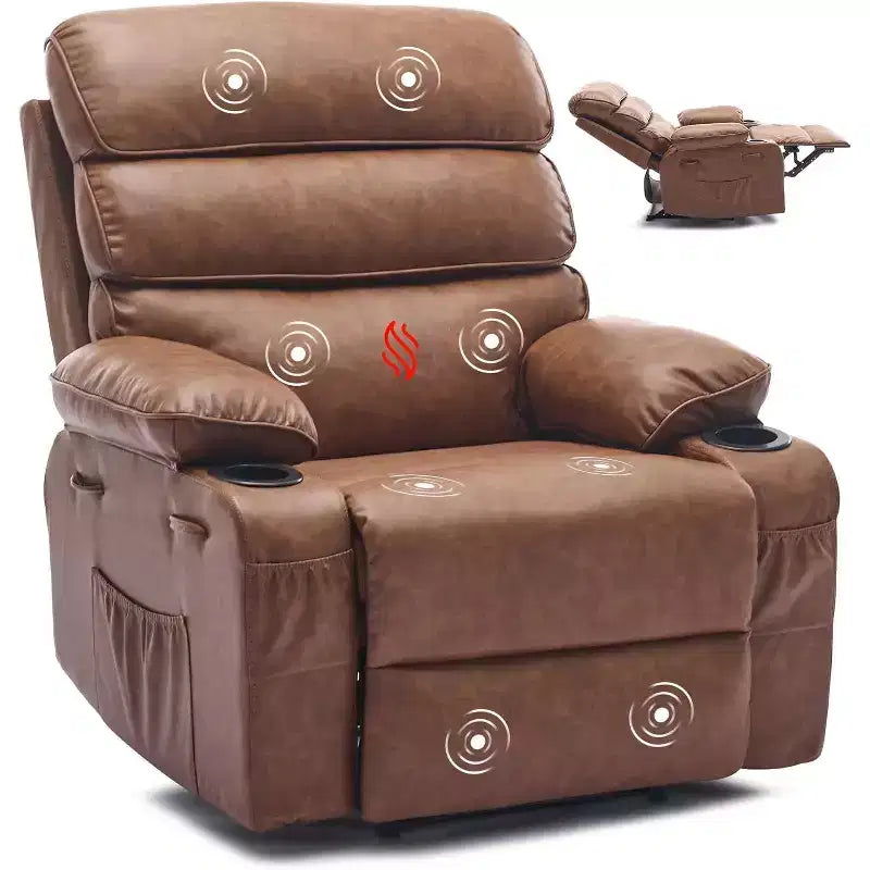 Fauteuil inclinable manuel extra-large en cuir véritable PU, adapté aux massages et aux compresses chaudes, avec 2 porte-gobelets et des poches, adapté aux adultes