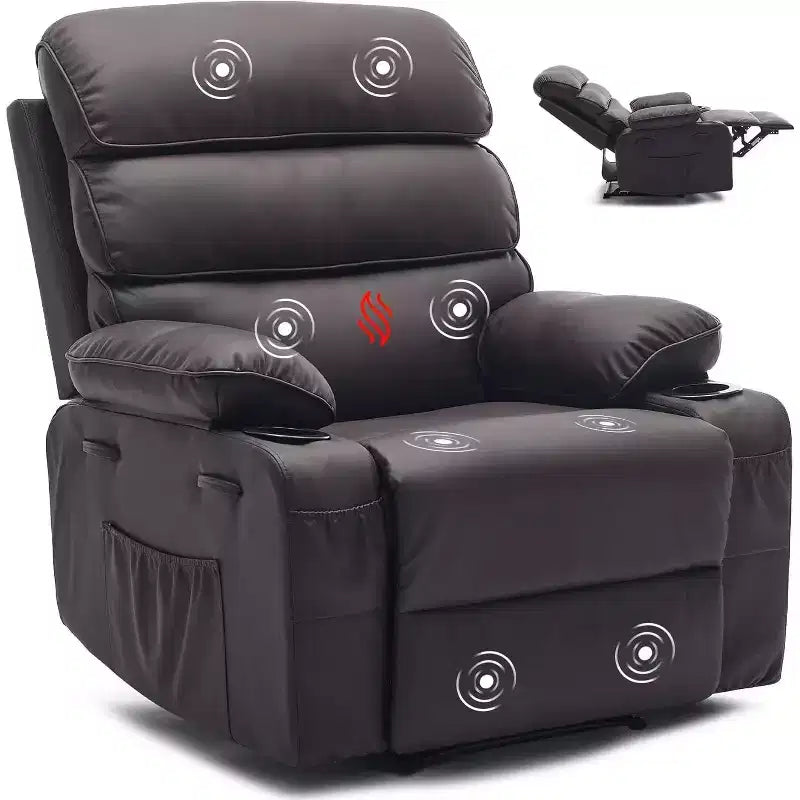 Fauteuil inclinable manuel extra-large en cuir véritable PU, adapté aux massages et aux compresses chaudes, avec 2 porte-gobelets et des poches, adapté aux adultes
