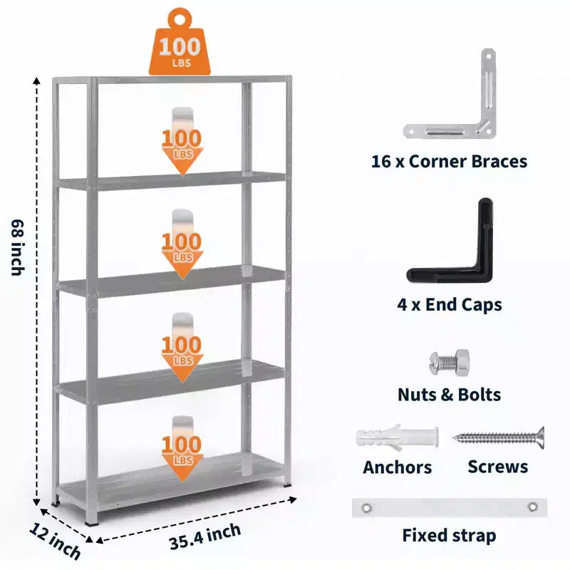 Étagère métallique à 5 niveaux très résistante, capacité de 227 kg, étagères de rangement de garage à hauteur réglable, étagères métalliques, étagères industrielles, argent