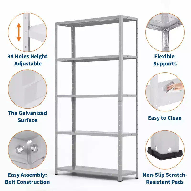Étagère métallique à 5 niveaux très résistante, capacité de 227 kg, étagères de rangement de garage à hauteur réglable, étagères métalliques, étagères industrielles, argent