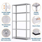Étagère métallique à 5 niveaux très résistante, capacité de 227 kg, étagères de rangement de garage à hauteur réglable, étagères métalliques, étagères industrielles, argent