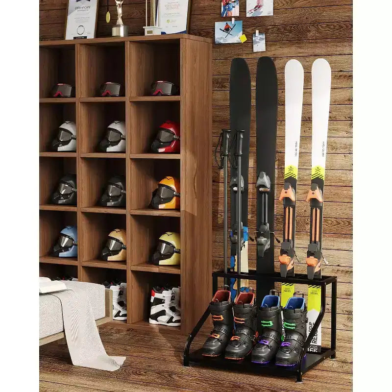 Support de rangement pour skis en acier, support de sol autoportant pour 4 paires de skis, bâtons, chaussures, casque et lunettes, organisateur de skis pour garage, sous-sol