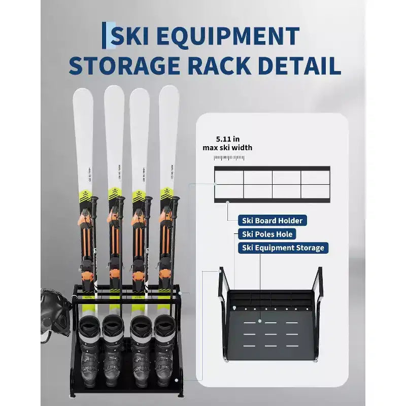 Support de rangement pour skis en acier, support de sol autoportant pour 4 paires de skis, bâtons, chaussures, casque et lunettes, organisateur de skis pour garage, sous-sol