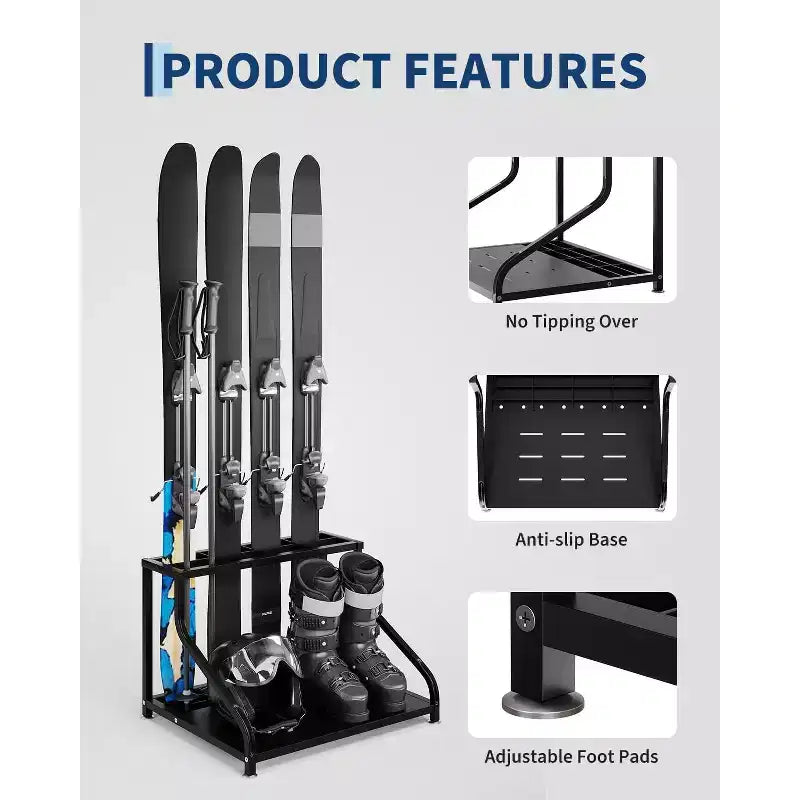 Support de rangement pour skis en acier, support de sol autoportant pour 4 paires de skis, bâtons, chaussures, casque et lunettes, organisateur de skis pour garage, sous-sol