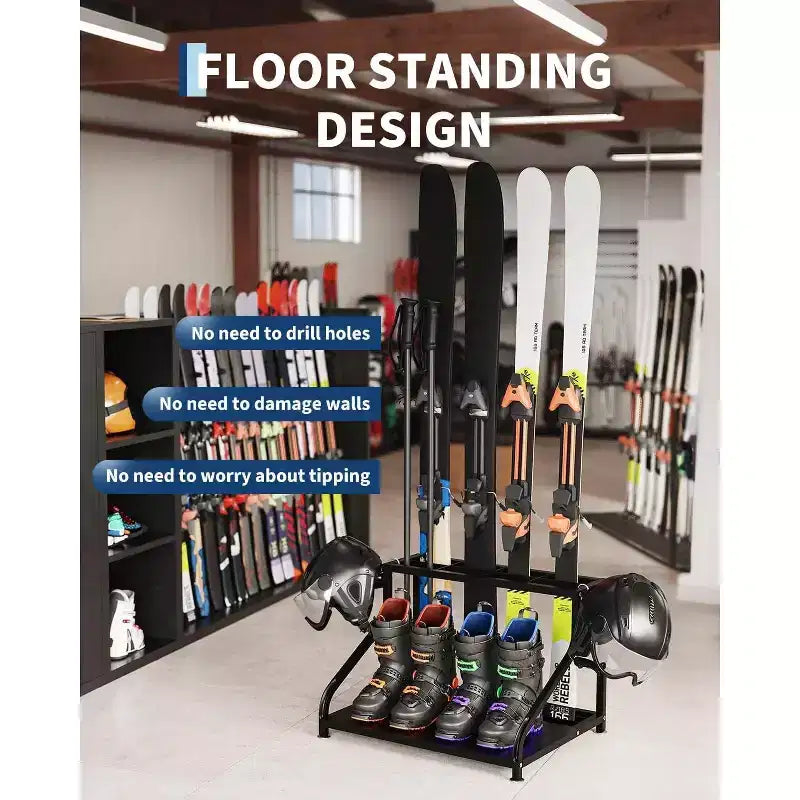 Support de rangement pour skis en acier, support de sol autoportant pour 4 paires de skis, bâtons, chaussures, casque et lunettes, organisateur de skis pour garage, sous-sol