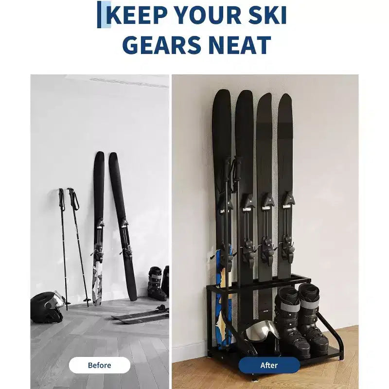 Support de rangement pour skis en acier, support de sol autoportant pour 4 paires de skis, bâtons, chaussures, casque et lunettes, organisateur de skis pour garage, sous-sol